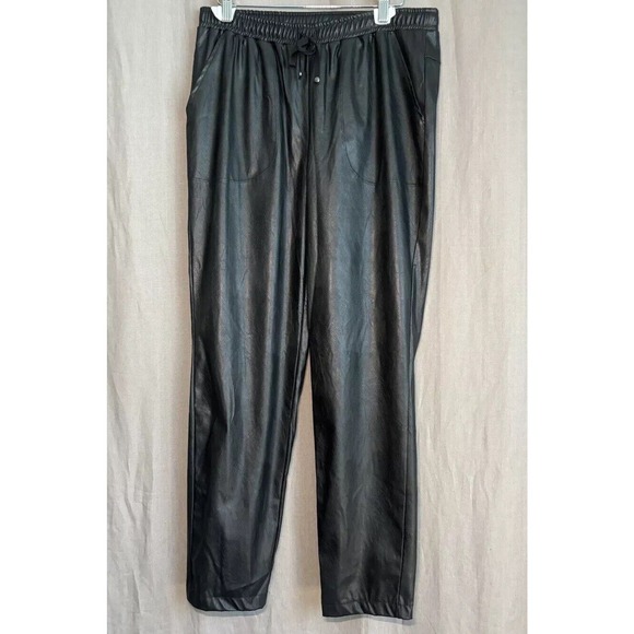 NWT MAX STUDIO ELASTIC DRAWSTRING WAIST Faux LEATHER LIKE BLACK Pants SIZE Large - Picture 1 of 6